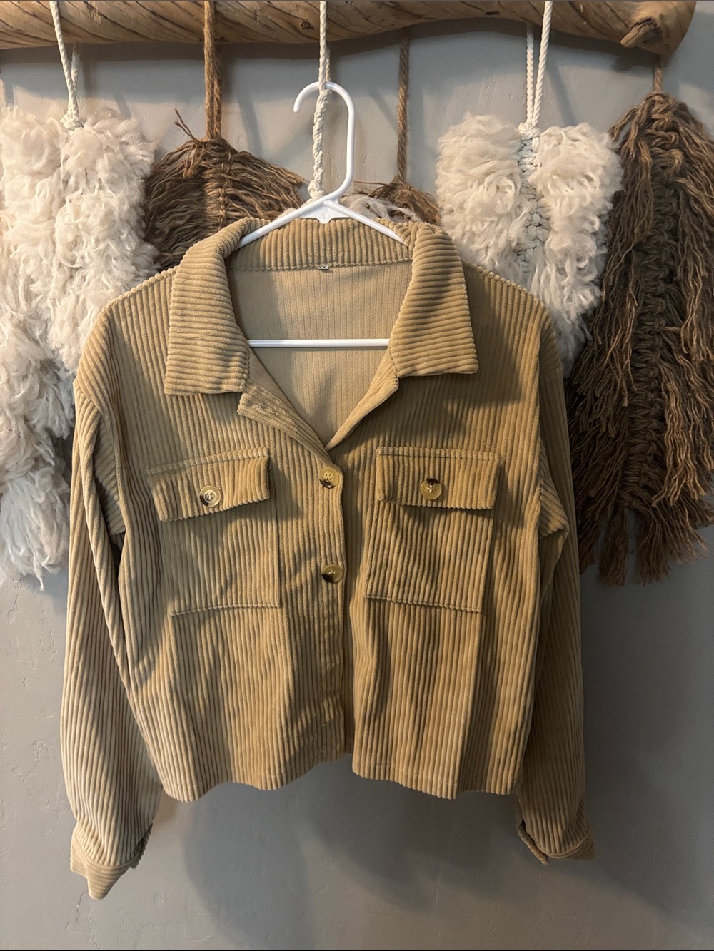 Cropped Corduroy Button-Front Jacket in Tan